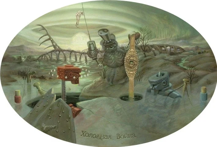 Cold War
12" X 9", oil on panel

Battered, bludgeoned, bent and sore
Blue victor awaits his belt
Defeated, unseated and nursing his welt
Defender Red watches ice melt
After white flash and above the roar
The champ exclaims, “I win Cold War”