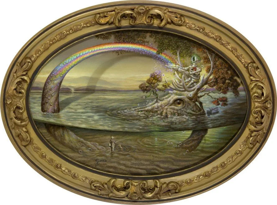 G-Thang
20X13 in antique frame in convex glass.
Frame restored and refinished by artist.

Circle , spiral , emerge from sand
From where the Pupil sits, he can see a Grand plan
Death always seeks, faith will renew
And that’s why we do the things that 