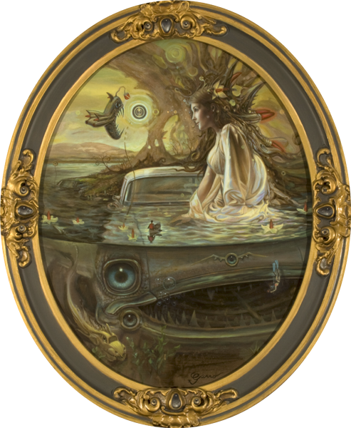 Carpool
19" X 15" / 23" x 19" framed, oil on masonite

Basin of nostalgia holds fish, part scale and chrome
Mutant greenhouse landscape reflects the place we once called home