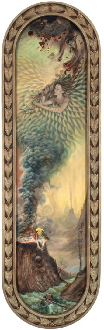 Feeding Phoenix
40"x10", Acrylic & Oil on Panel

Brought some Moonshine from Hillbilly hicks
White lightning, rainbows, and rapids, time ticks
Fish-canyons blow steam
Float uncontrolled downstream
All below, while above she feeds Phoenix