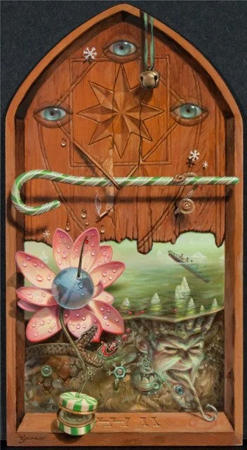 Candy Cane of Truth
15" X 9", acrylic and oil on panel

Mischief waits without being bored
There is much to do with malice stored
As Christmas nears with children manic
Dark elf schemes to sink Titanic
If you thumb your nose in the face of God
Mr. De