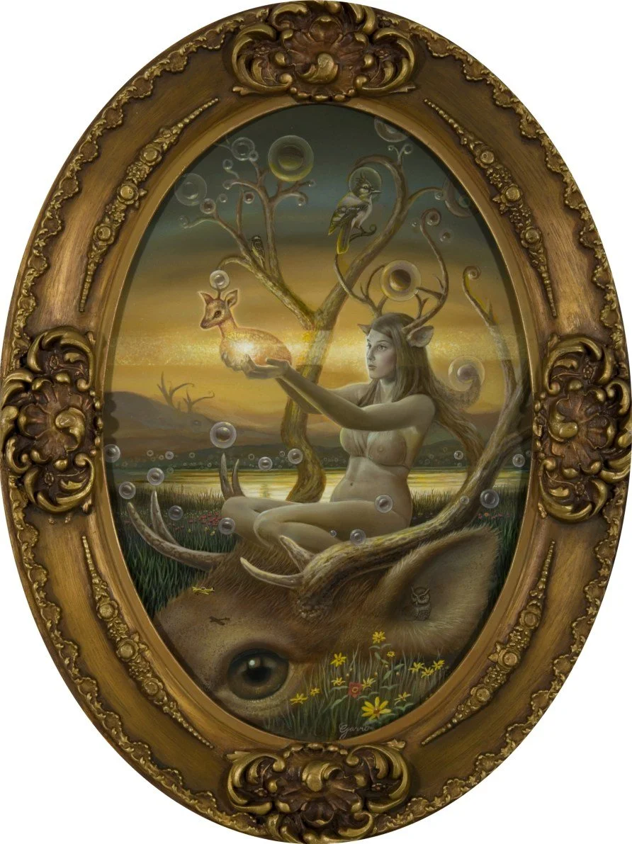 Crown
20X13  in antique frame with convex glass. Frame restored and refinished by artist

Primordial soup begins to boil
Sun- fed soul rises from soil
Cycle again, what’s up what’s down
The Royal We begins with a crown