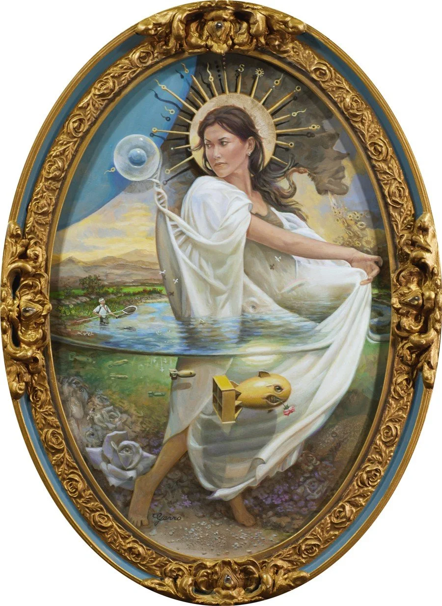 Miss Direction
24x17 inches
Acrylic and oil on panel in antique frame restored and decorated by the artist