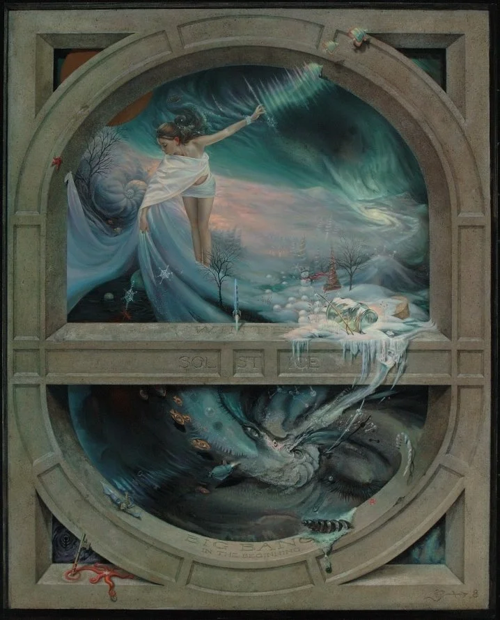 Winter Solstice, Big Bang, In the Beginning
40" x 32", Acrylic and oil on panel

What appears so close is really far away.
Light years separate.

Twisting wildly.
Through a spiral course.

Since the big bang, All molecules strike a pattern.
Some rema