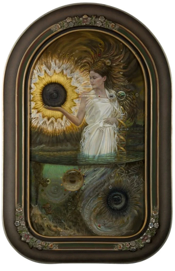 Black Star
19 x 12 inches acrylic and oil on panel with pure gold and silver leafing

From there we came and where we go
More complex than we’ll ever know
Starman is gone but Ziggy’s not far
Just stare into the eye of any Blackstar