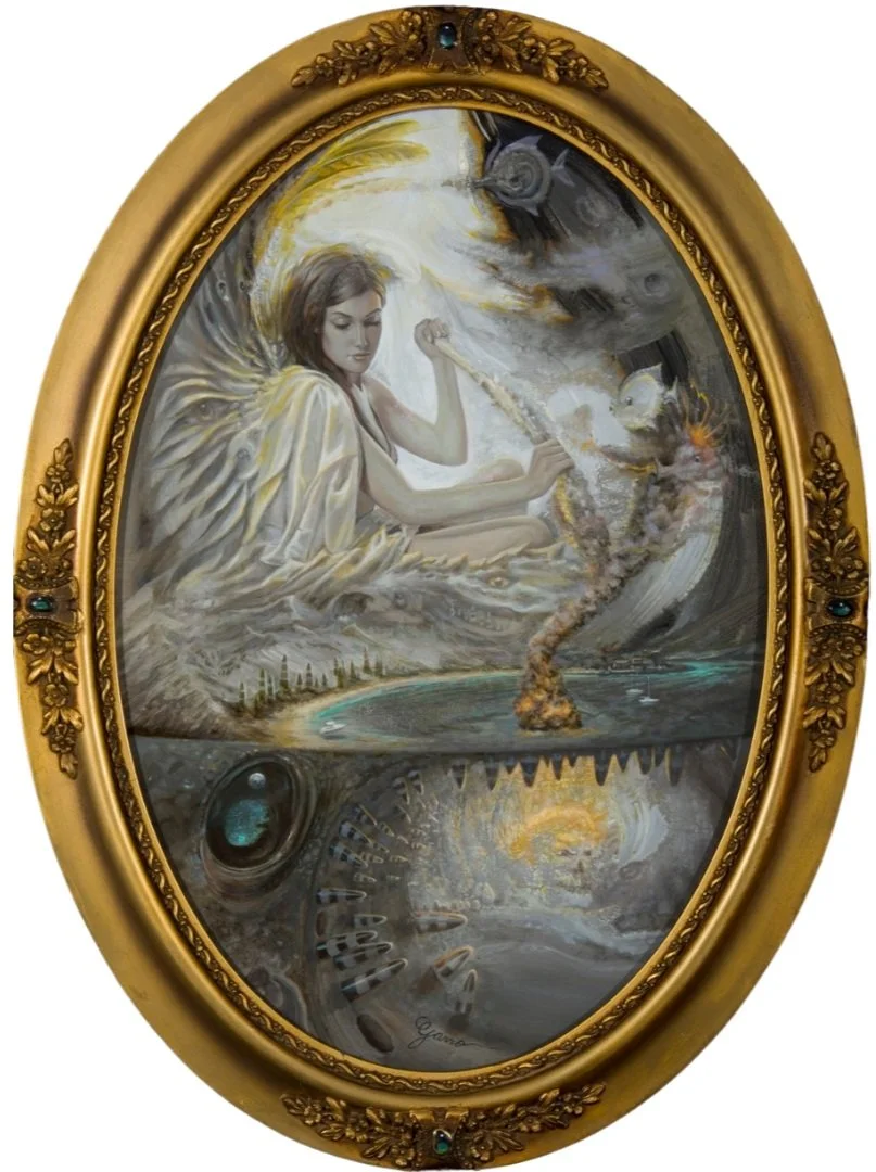 Cosmolyptic
19 x 12 inches, acrylic and oil on panel    

Double double toil and trouble
Assess your life amongst the rubble
Serrated dreams
Saturated stress
Welcome you to the Cosmolyptic test