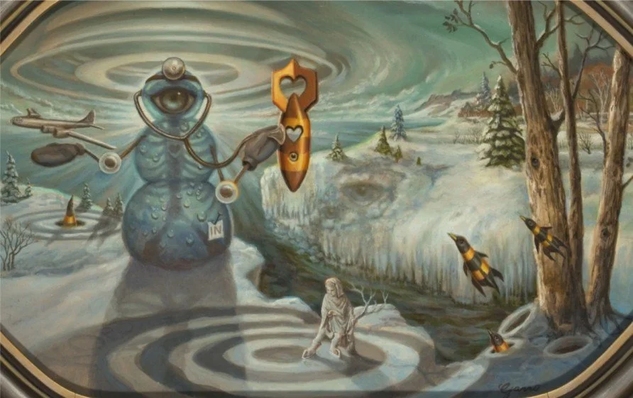 Strange Love Doctor
9"x15", Acrylic & Oil on Panel

Blast-rings halo in strange shades of Pthalo
Bomber sounds above the split
Silence fills the mushroom pit
Test the ice, give advice and hope you're mentally fit