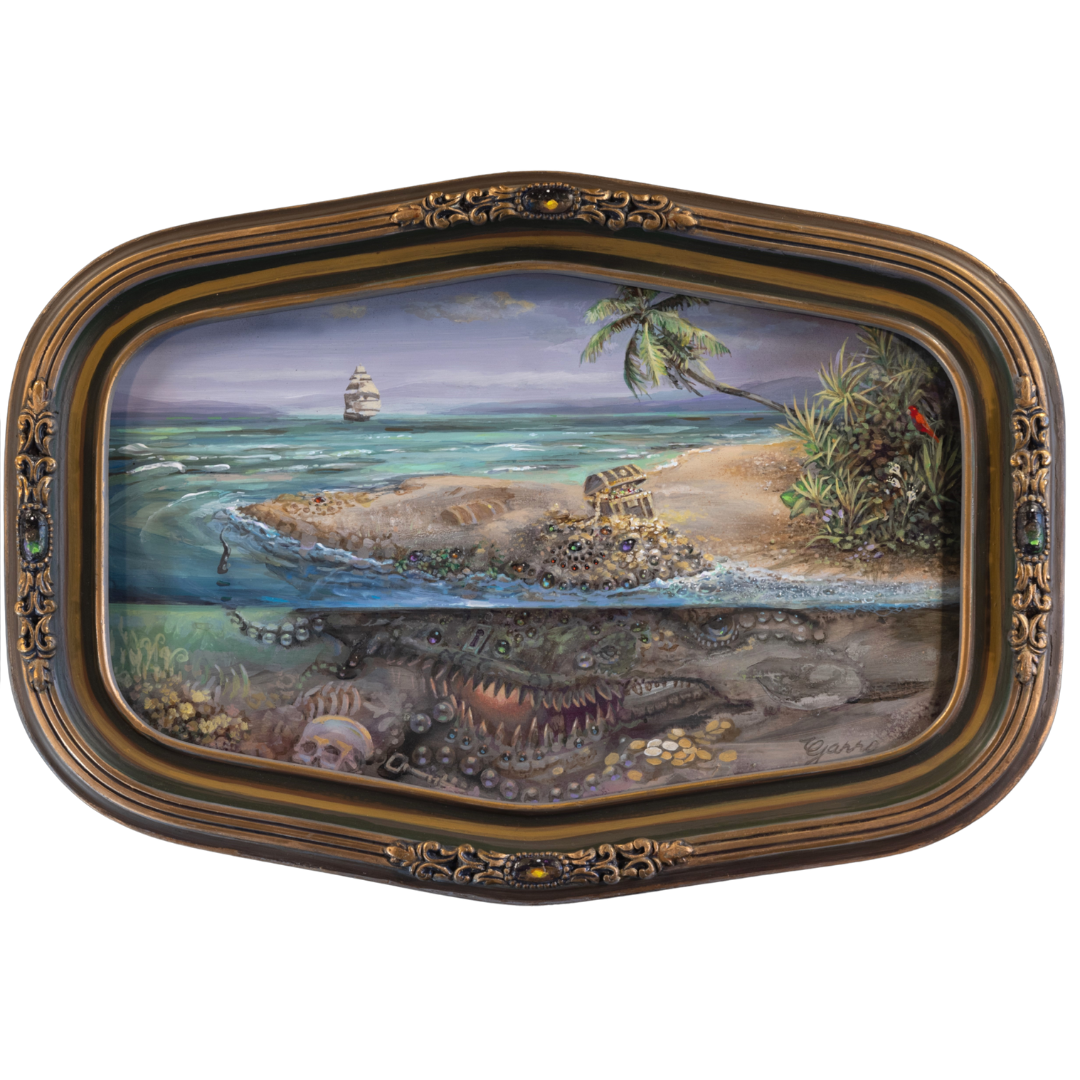 Treasure Jest, Nova Scotia 2050
10 x 15 inches, acrylic and oil on panel in antique frame, restored and decorated by the artist

Yo ho ho bottle of rum
What is under suns glare isn’t always fun
Soon we’ll surf at what was frozen latitude
It will get 