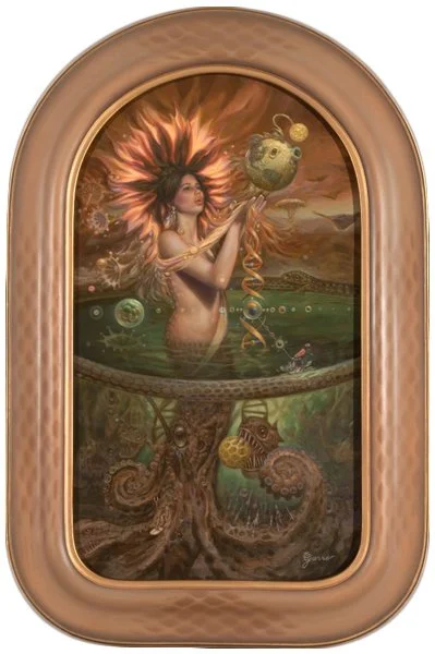 Little Boy
19" X 12", Acrylic and oil on panel

Emerald membrane covers cosmic soup
That Dante would find tasty
Ascending helix and mortal coils
Bring space and time to a simmer that boils
Intent spiral tentacles
Support perfect order
And alchemy bui