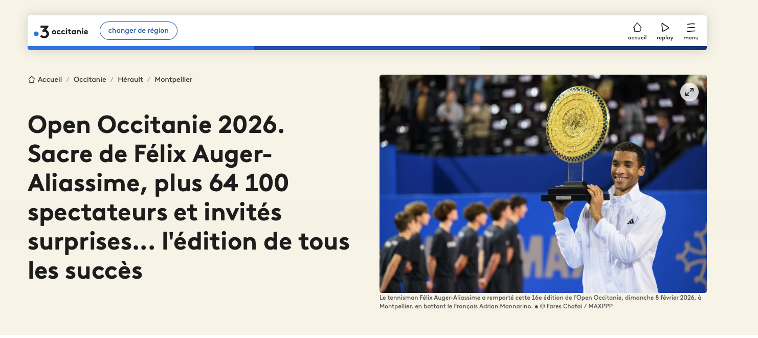 Parution France 3 sur le second titre de Felix Auger-Aliassime lors de l'Open d'Occitanie 2026