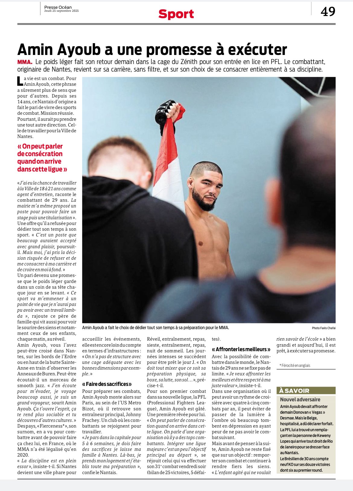 Parution Ouest France pour mon travail en tant que photographe personnel du combattant MMA Amin AYOUB avant son combat lors du gala KSW Nantes le 26/09/25