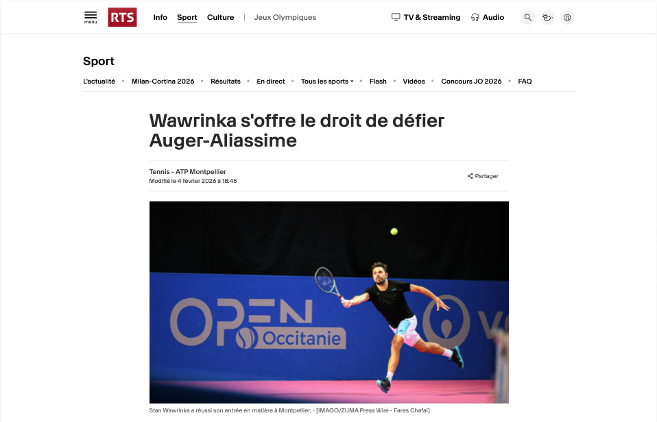 Parution sur RTS de la qualification au second tour de Stan 'The Man' Wawrinka lors de l'Open d'Occitanie 2026