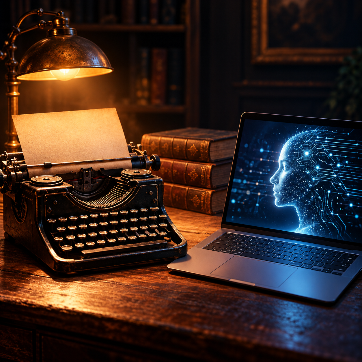 A vintage typewriter and modern laptop displaying a glowing blue AI face on a writer's desk.  Copy