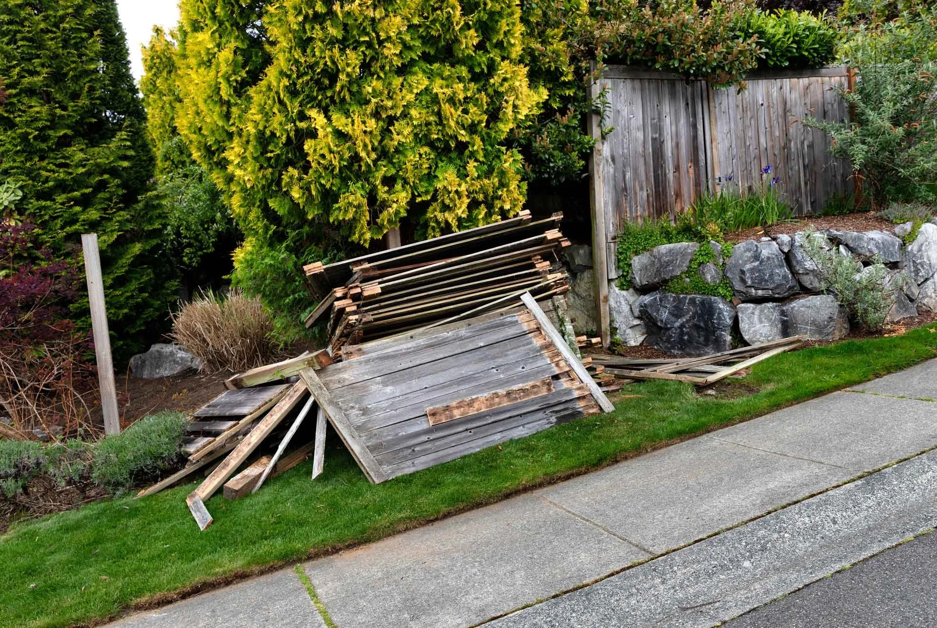 A fallen wooden fence panel lies on the grass beside a sidewalk in a garden with bushes, trees, and rocks.