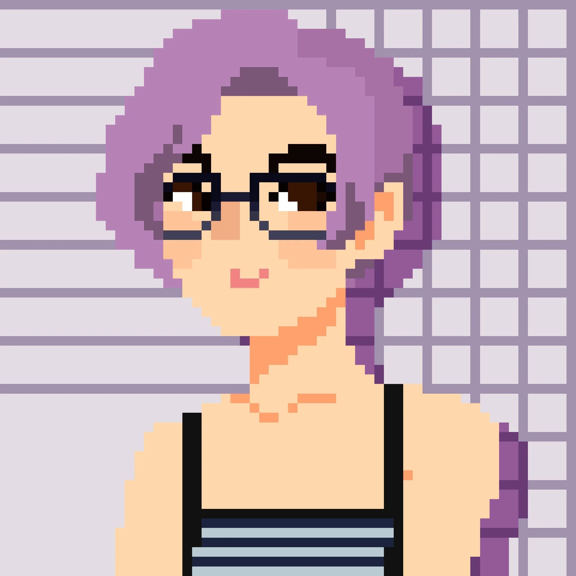 Pixel art style of Herb, short purplish pink hair femme figure with glasses and a striped top