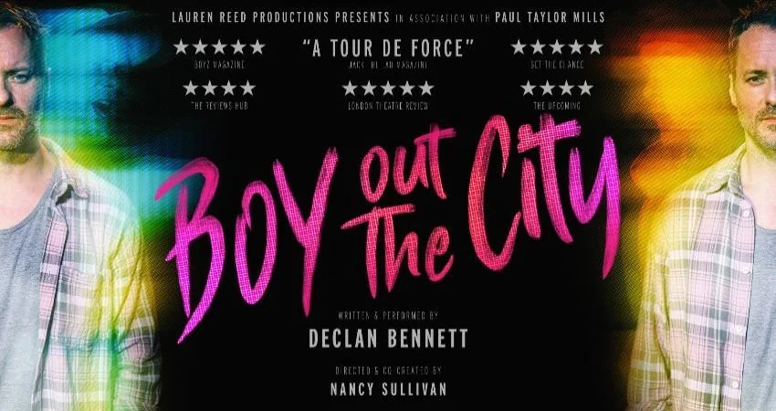 Poster for the theatrical production "Boy Out of the City" with photos of two men on either side and pink lettering in the center.