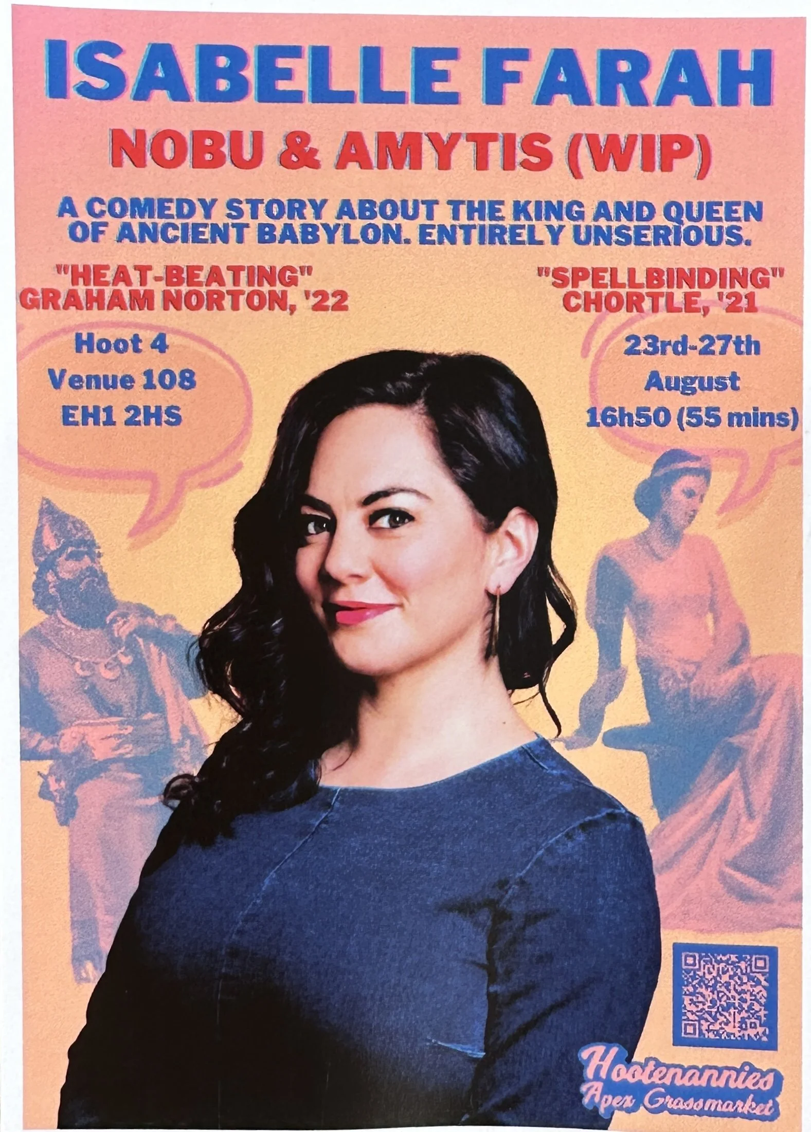 Poster advertising a comedy show featuring Isabelle Farah with information about the dates, location, and performers Nobu and Amytis, and a QR code at the bottom right corner.
