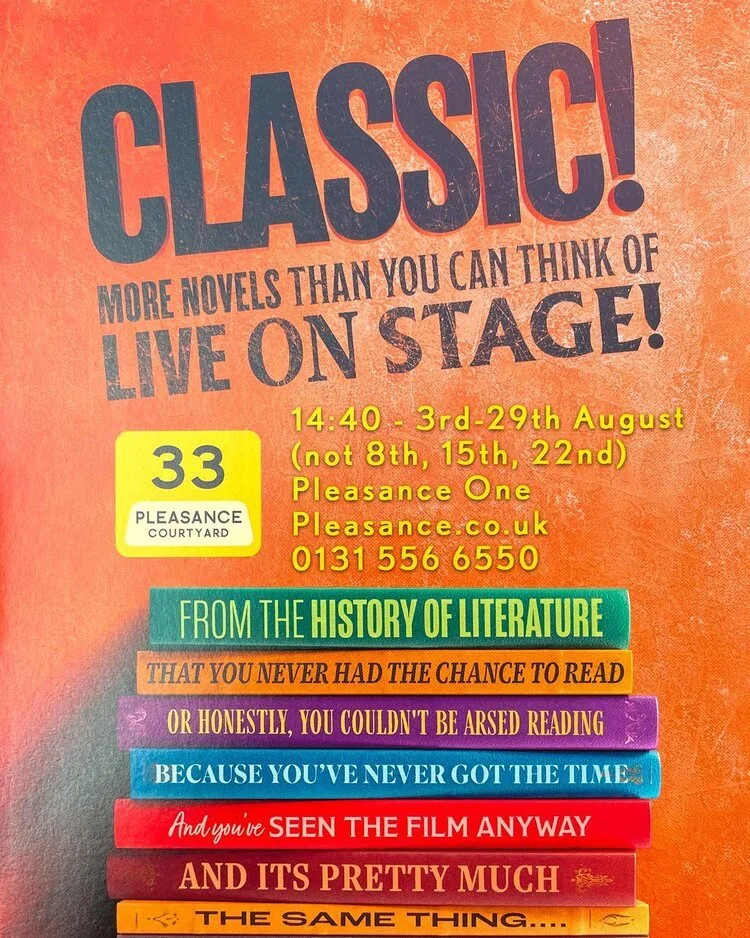 A promotional poster for a classic literature event showing the text: 'CLASSIC! More novels than you can think of live on stage!'. The event details include the date, time, location, and contact information. The poster displays a stack of colorful bo