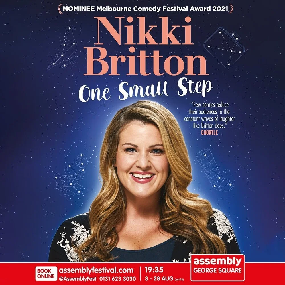 Poster for Nikki Britton's comedy show titled 'One Small Step,' nominated for the Melbourne Comedy Festival Award 2021. Features a smiling woman with long blonde hair in front of a starry, space-themed background, including constellation illustration