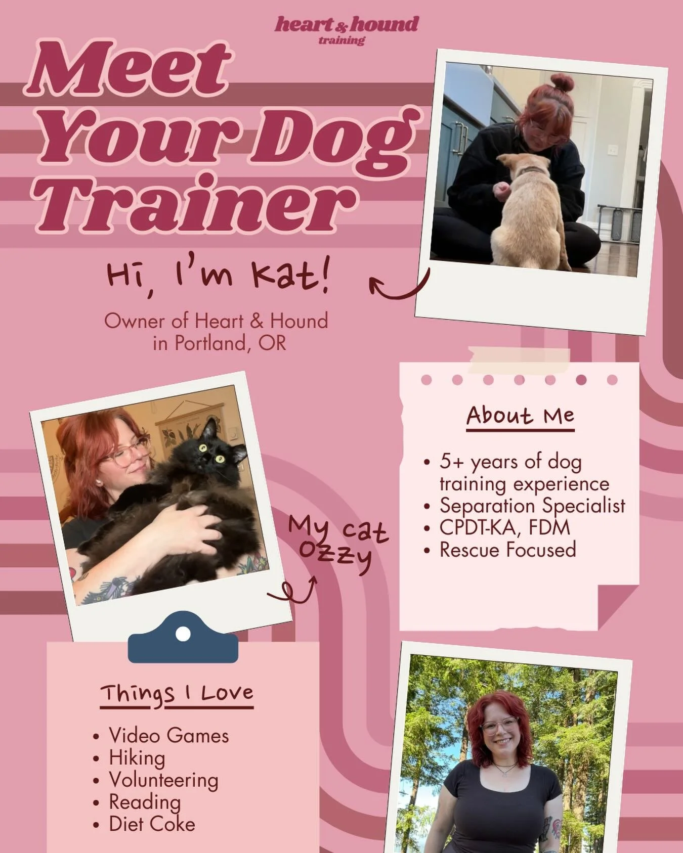 Hi, I&rsquo;m Kat! For my new followers I do separation anxiety training, private training, drop in services, run a membership support program, and a soon to be author! As a sensitive person myself I take a very slow &amp; whole-dog approach to train