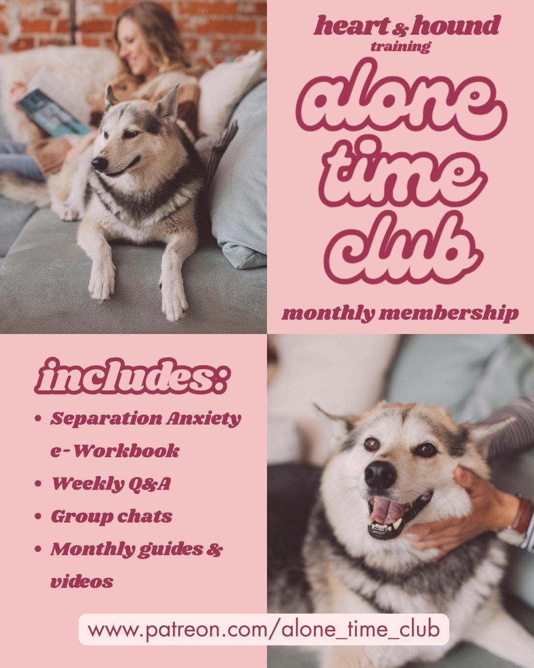 Want to make alone time training not feel so alone? Join the club! With club membership you get your own copy of the Alone Time Club Separation Anxiety e-Workbook &amp; more! Join for free and you'll still get access to content you won't see on my my