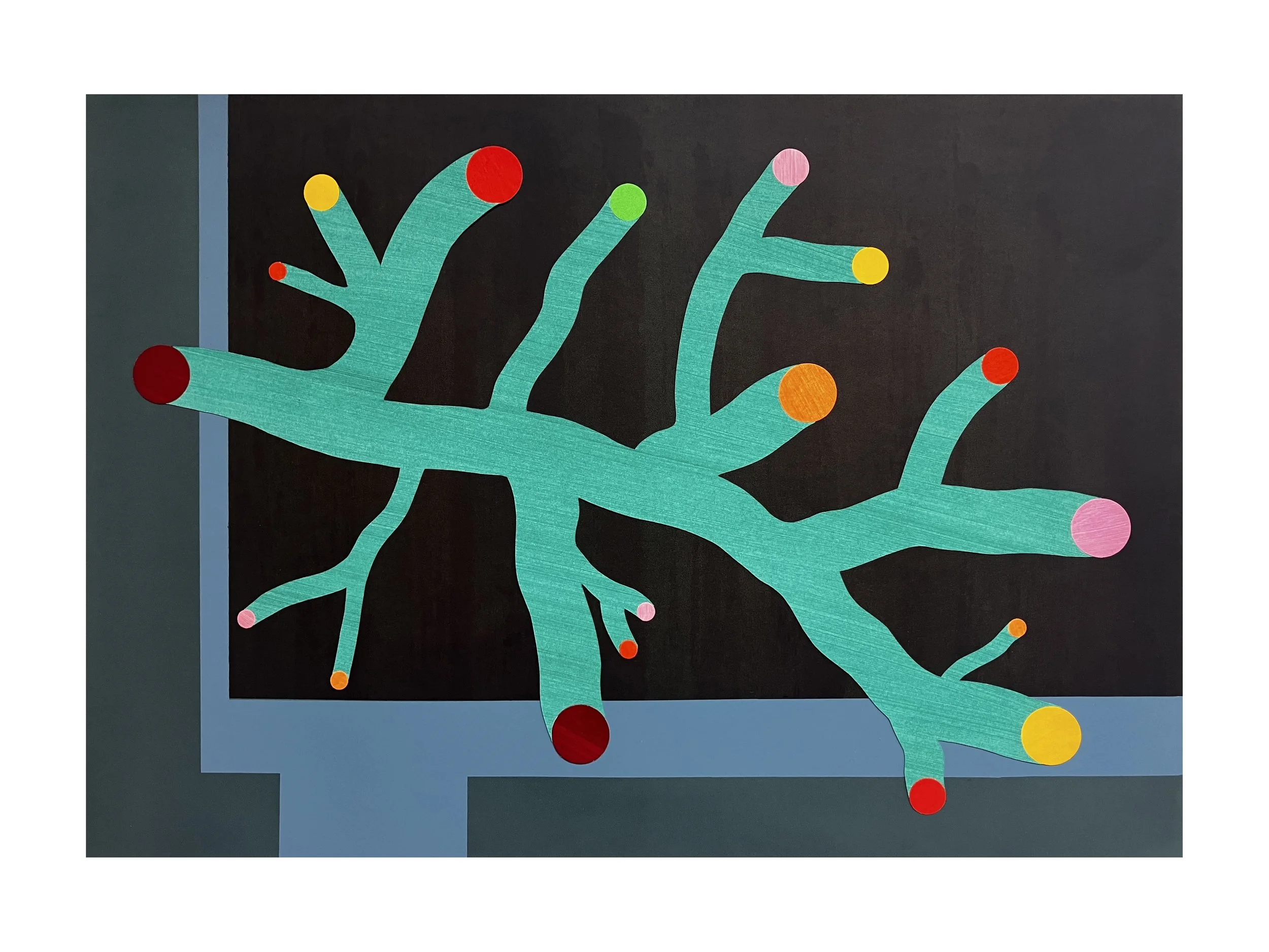 Nature table - Green Branch 2025 painted and printed papers collage 48x35cm.