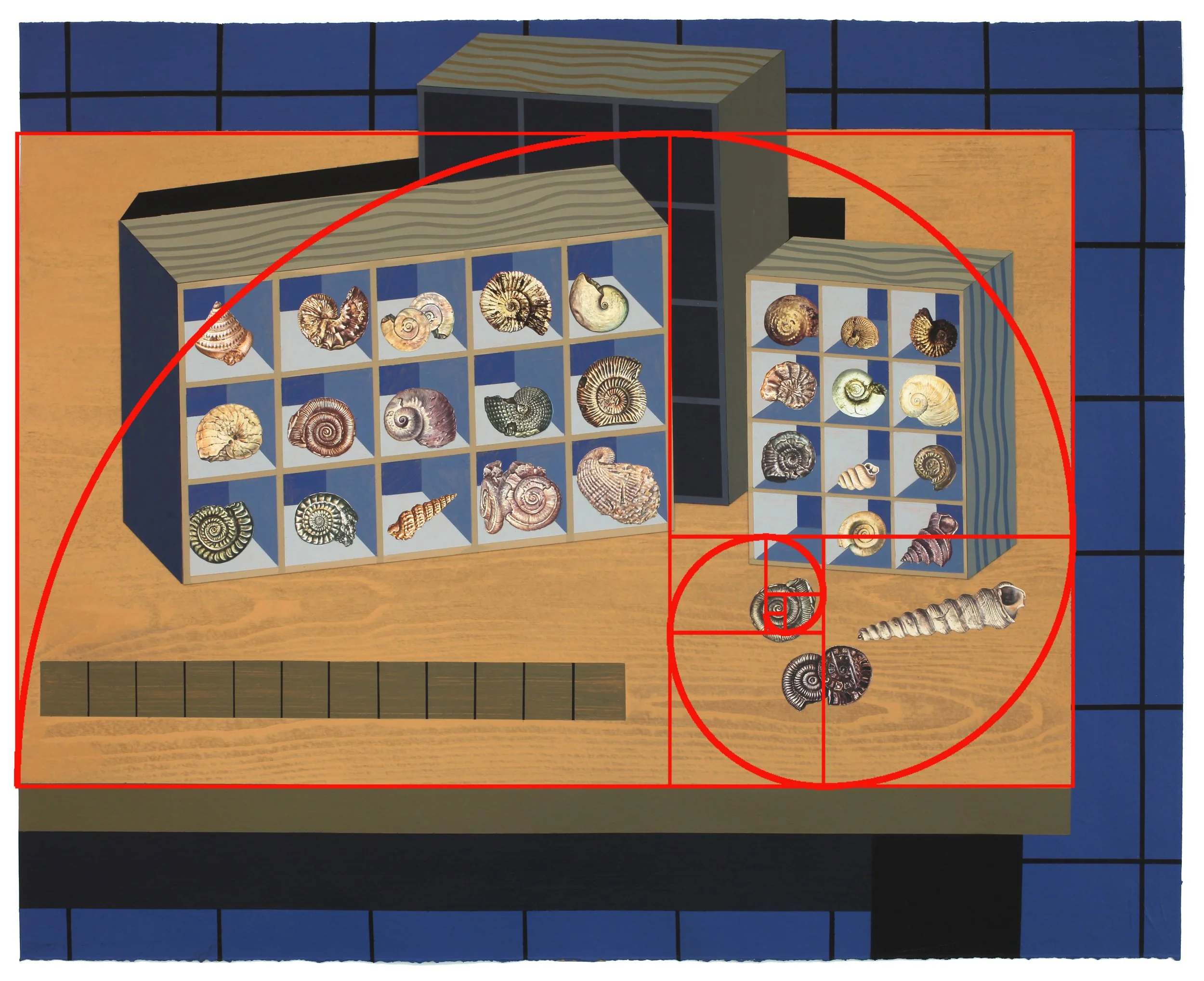 I thought it might be interesting to explain how I designed this painting. I have superimposed a red line diagram over the table area to let you see how I have used the Golden Ratio, the Fibonacci number sequence and the Golden Spiral.

The table top
