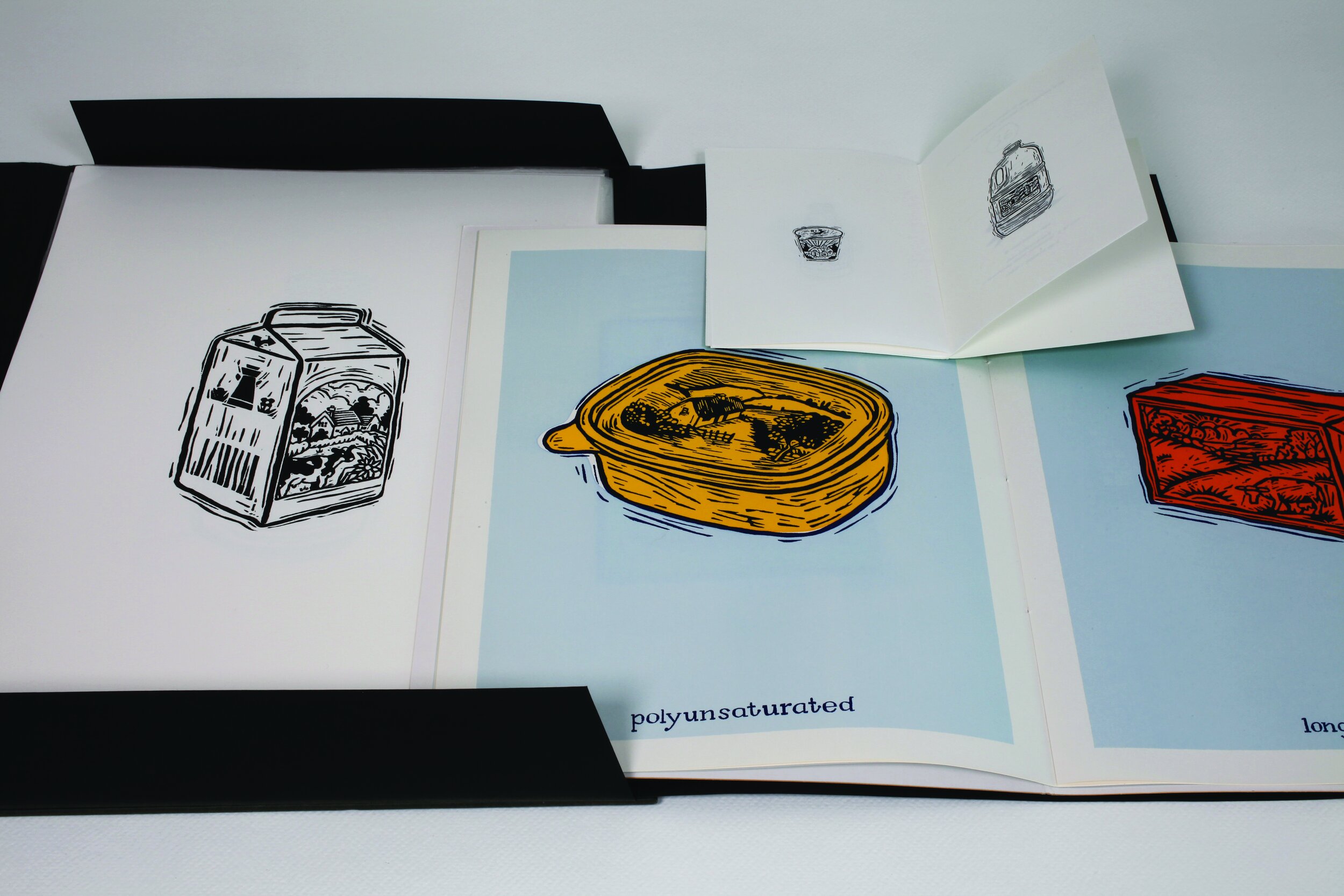 At the time, imagery of pastoral scenes, usually of
cows and cottages on food packaging was in
abundance. Most of the illustrations had the
appearence of linocuts and so I decided to take a
step back and make a linocut of the whole food
package.