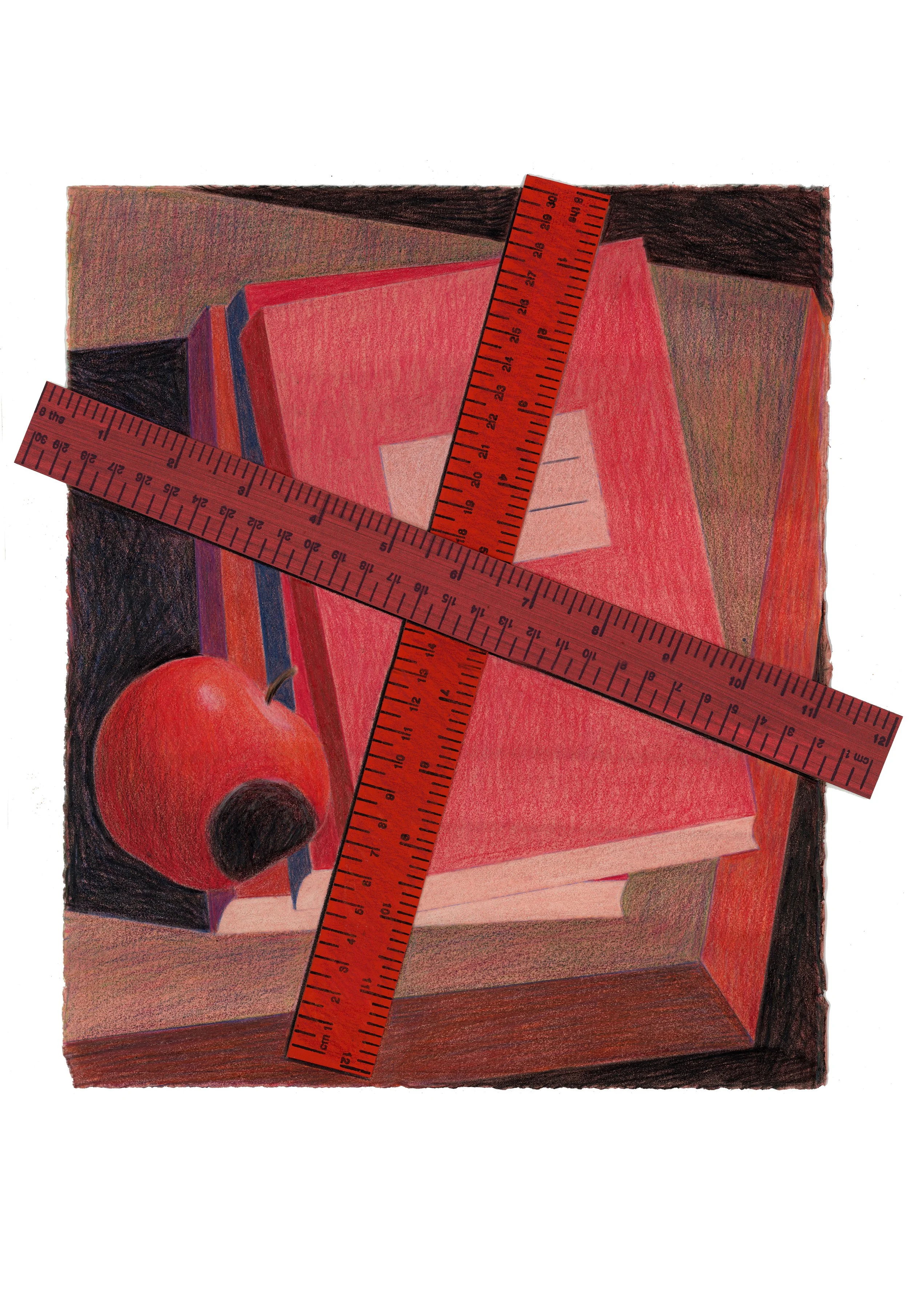 School Days 2026 301x285mm. colour pencils , acrylic and collage on paper
