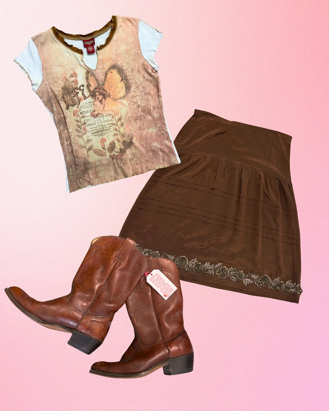 SHOP THE FITS!!

the vibe is yeehaw witchy boho summer, lmk if you see the vision ✨🤠🏝️

🪩 FIT 1 🪩
Y2k Mudd Fairy TOP, size L, $25 (small paint spots on bottom left front hem, as-is)
90s Silk Brown SKIRT, size 14 (37&rdquo; waist), $40
90s Brown L