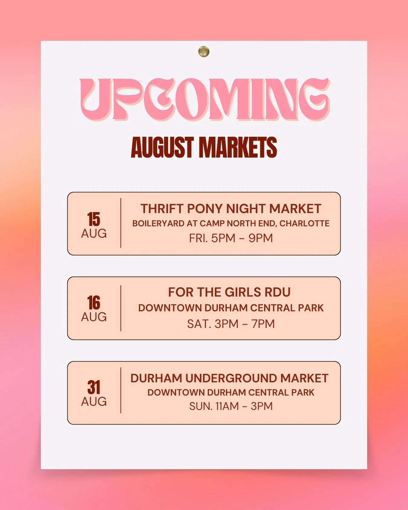 MARKET TIMEEEEEE see y&rsquo;all soon!

💗 @thriftponyclt 
💋 @forthegirlsrdu 
✨ @makrs
