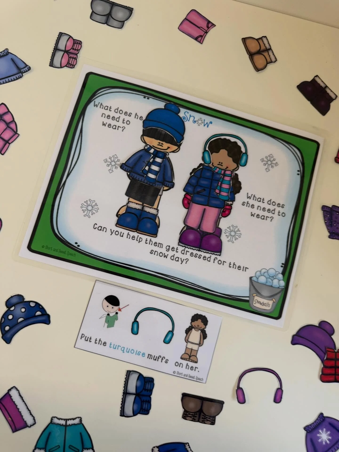 ❄️ It&rsquo;s been so cold, and we&rsquo;ve loved helping our little friends get dressed for winter!🧤🧣🧦 This fun activity targets following directions, color and clothing vocabulary, and language concepts. It also supports prepositions like &ldquo