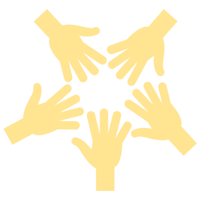 Five hands reaching toward each other in a circle