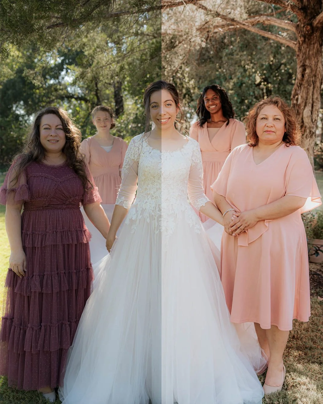 Group of five women, including a bride in a white wedding dress, standing outdoors under trees, with sunlight filtering through the leaves.