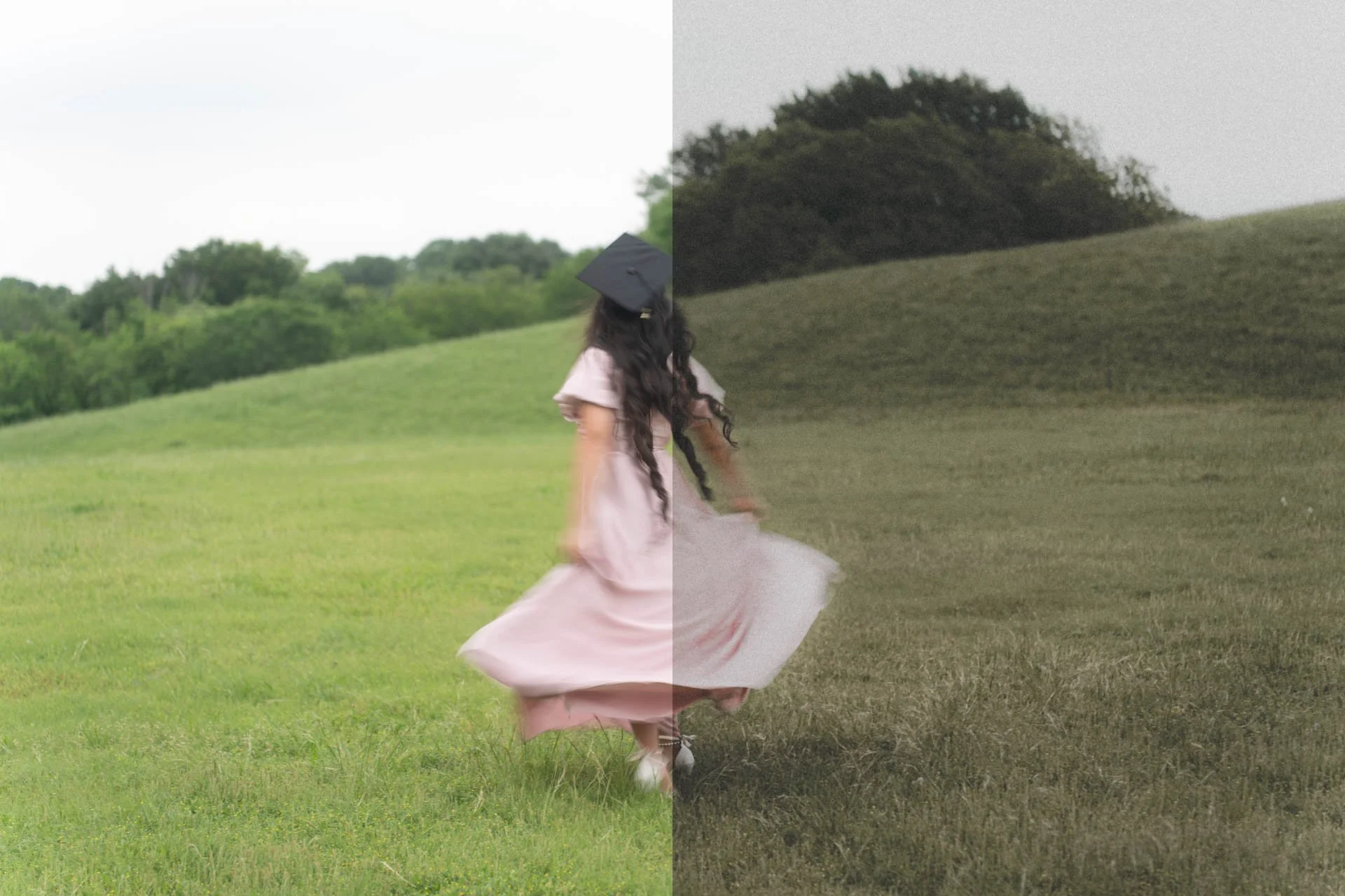 Image divided into two sections: left side shows a girl in a pink dress and graduation cap spinning in a green grassy field, right side shows the same girl in a desaturated, darker version of the scene.