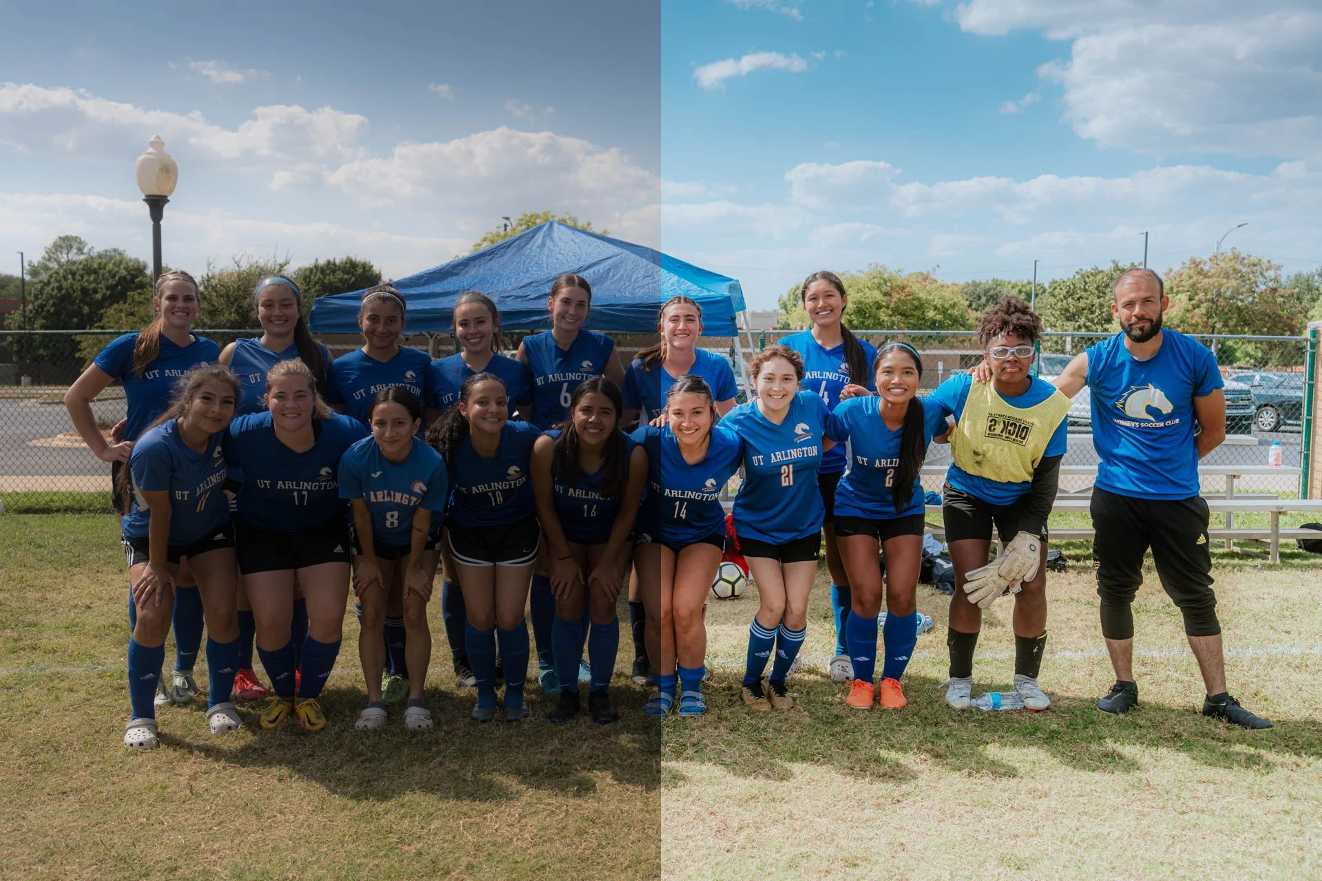 A female youth soccer team in blue uniforms and their coach posing on a field under a blue sky.