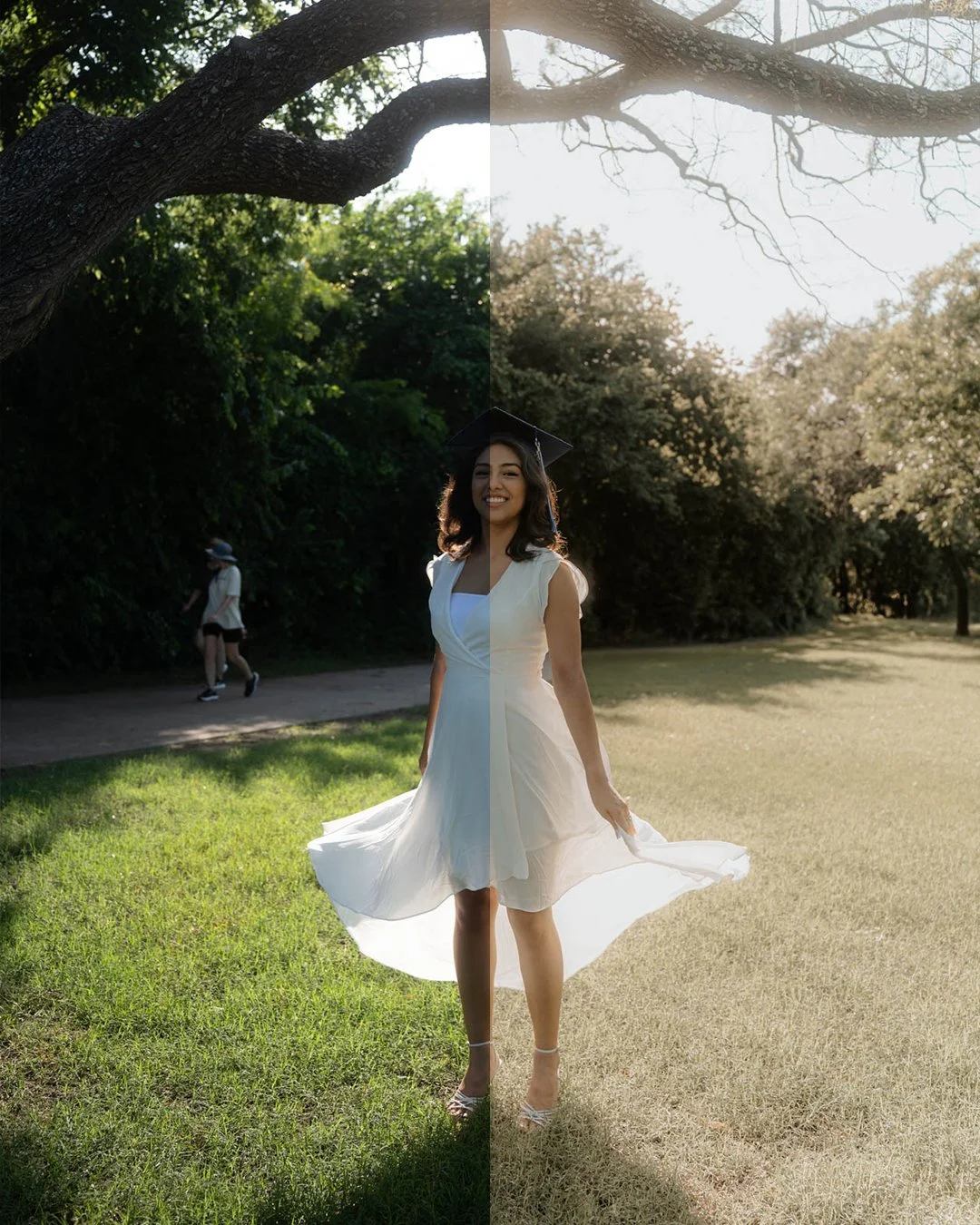 Split photo of a smiling woman in a white dress and graduation cap, standing outdoors under a large branch. The left side is darker with more shadows and greenery, while the right side is brighter with golden sunlight and lighter foliage.