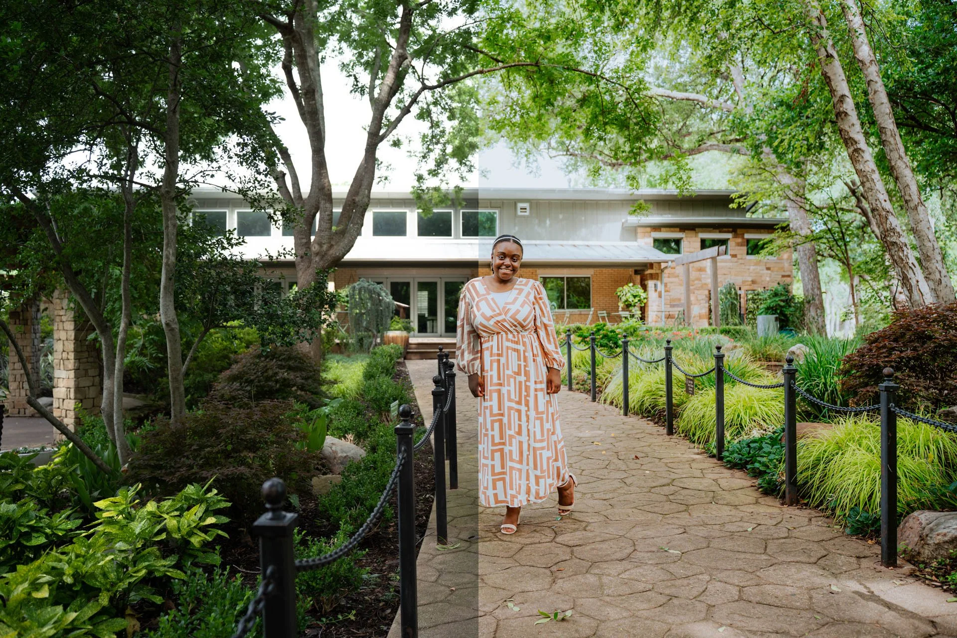 A woman in a beige and white patterned maxi dress standing on a stone path in a lush garden with trees and bushes, in front of a modern house.
