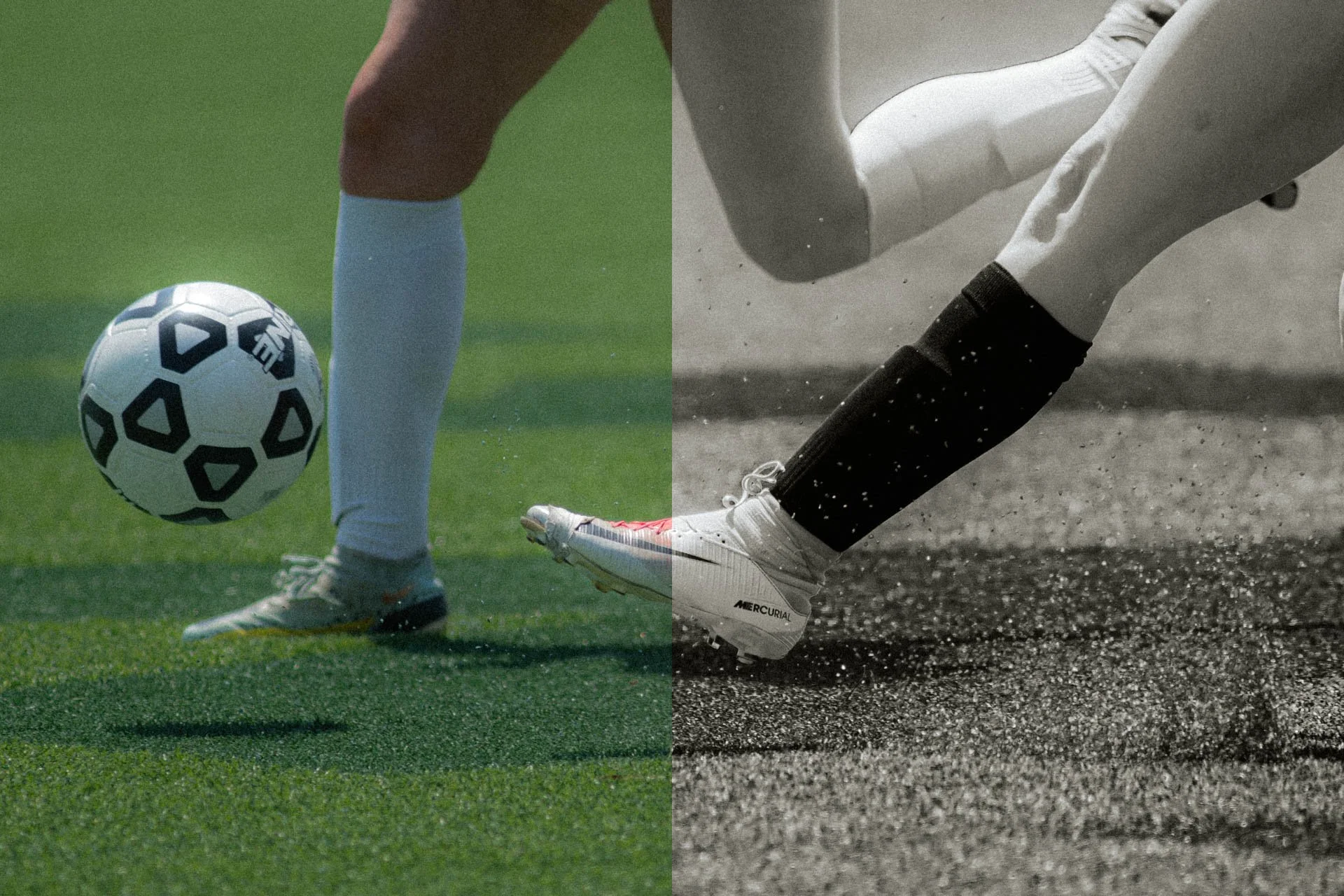 A soccer player about to kick a soccer ball on green grass, paired with a track athlete wearing spike shoes on a sand track.