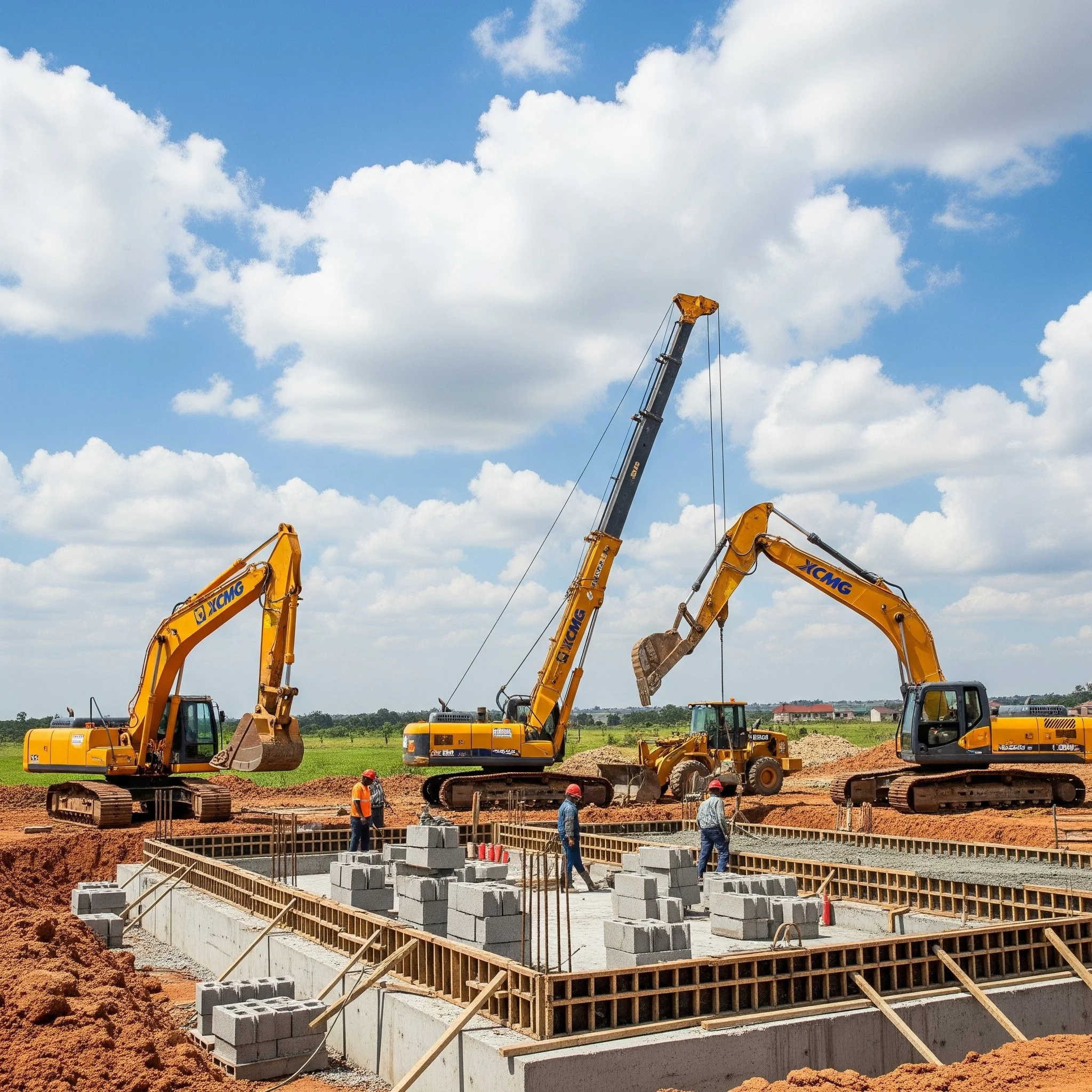 Construction site with three yellow excavators, workers wearing safety gear, and a foundation being prepared with concrete blocks and rebar