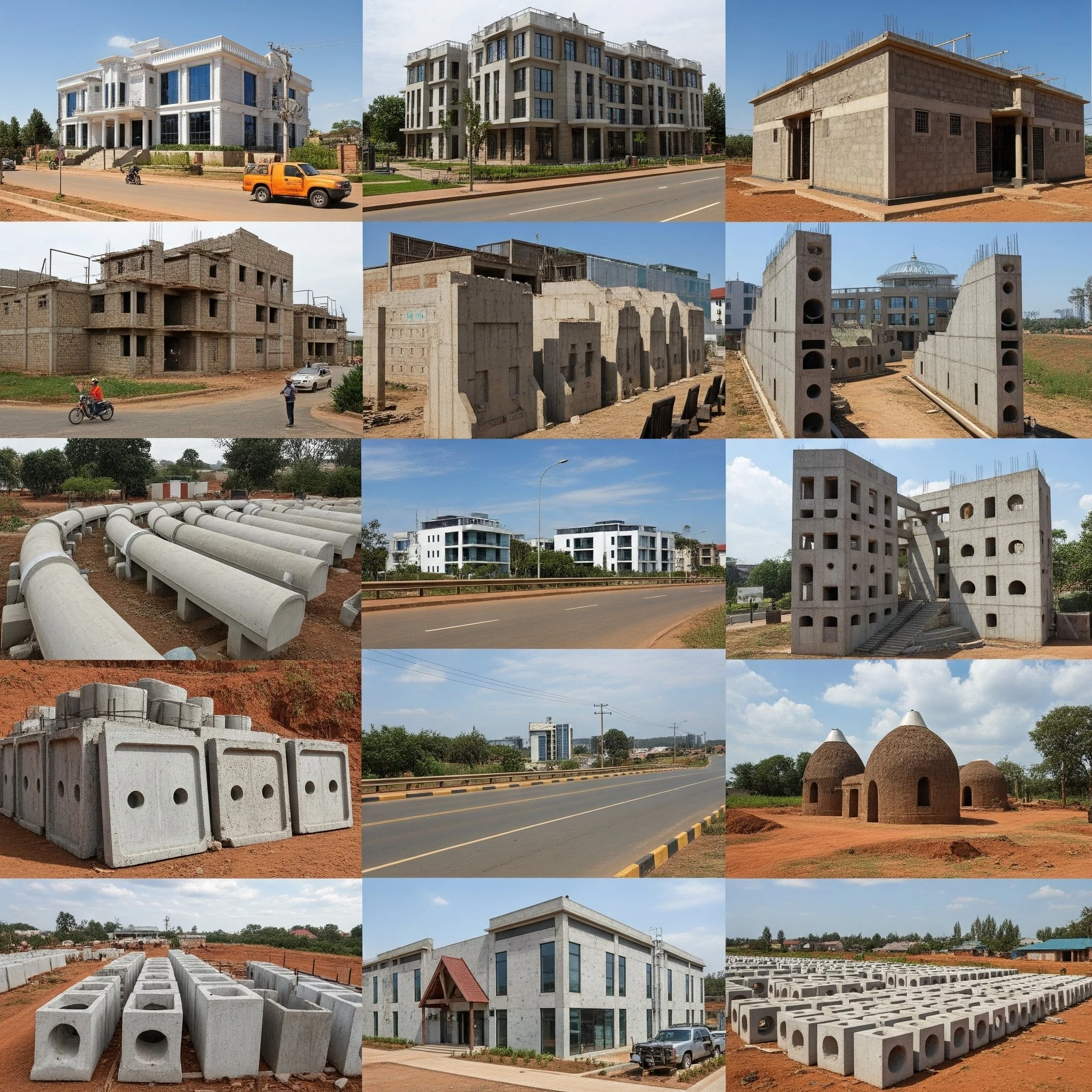 A collage of buildings and construction sites, including completed modern residential buildings, unfinished structures, concrete pipes and blocks, traditional clay houses, and construction materials and equipment.