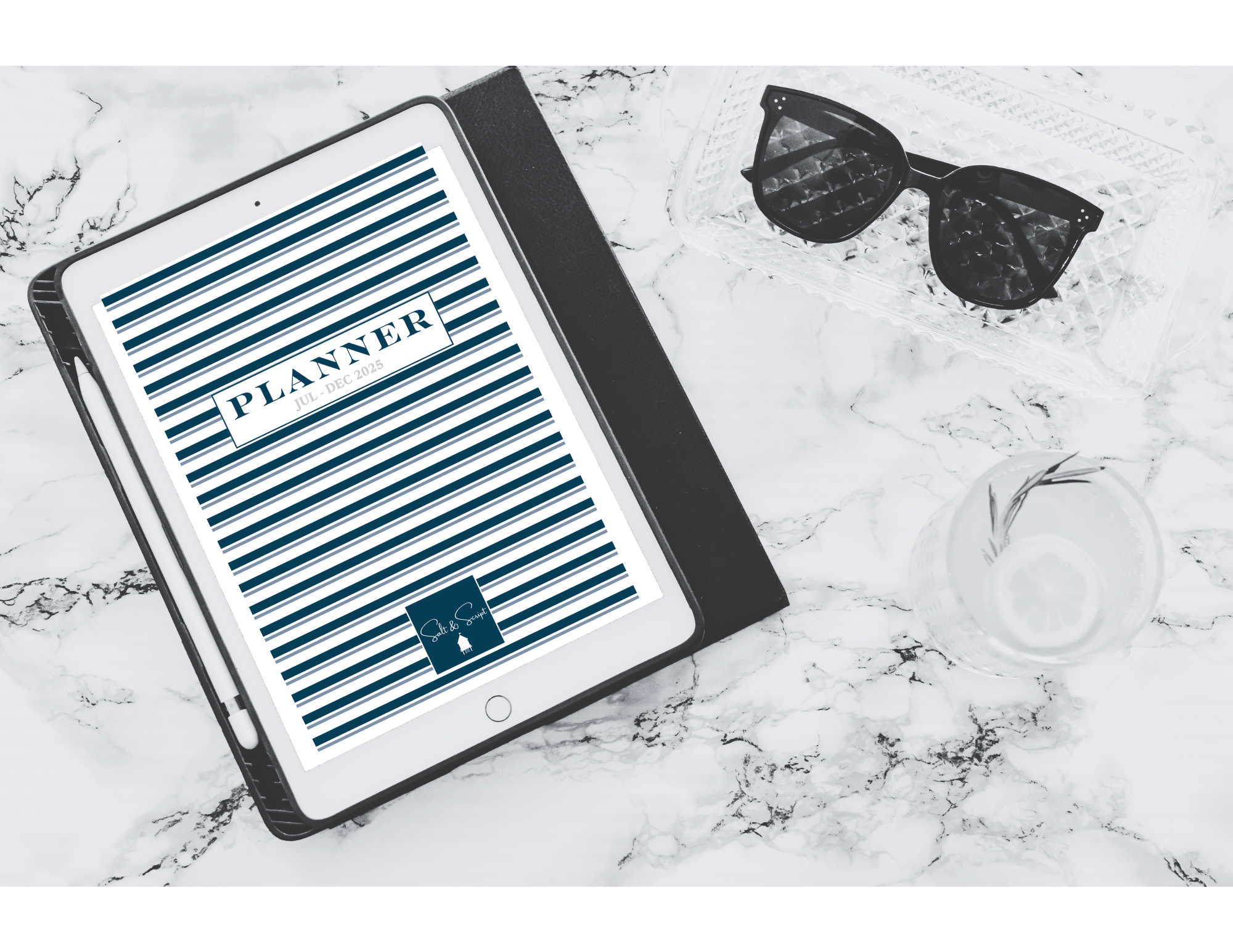 A blue digital planner on a tablet for July to December 2025.  Digital planners and digital stationary for sale.