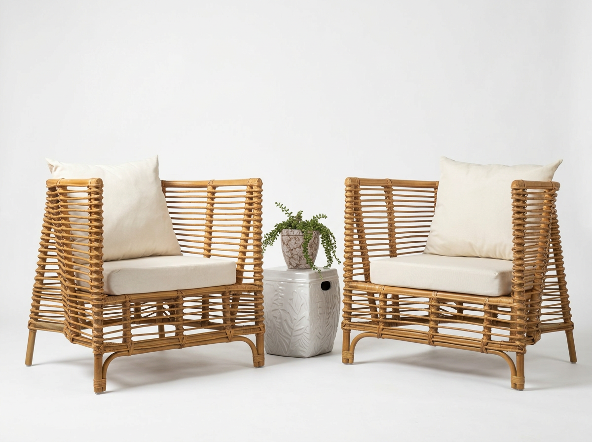 Two rattan chairs with white cushions facing each other with a small blue and white ceramic table in between. On the table are two empty wine glasses. In the background, there is a swimming pool, a slide, a lush green garden, and potted plants.