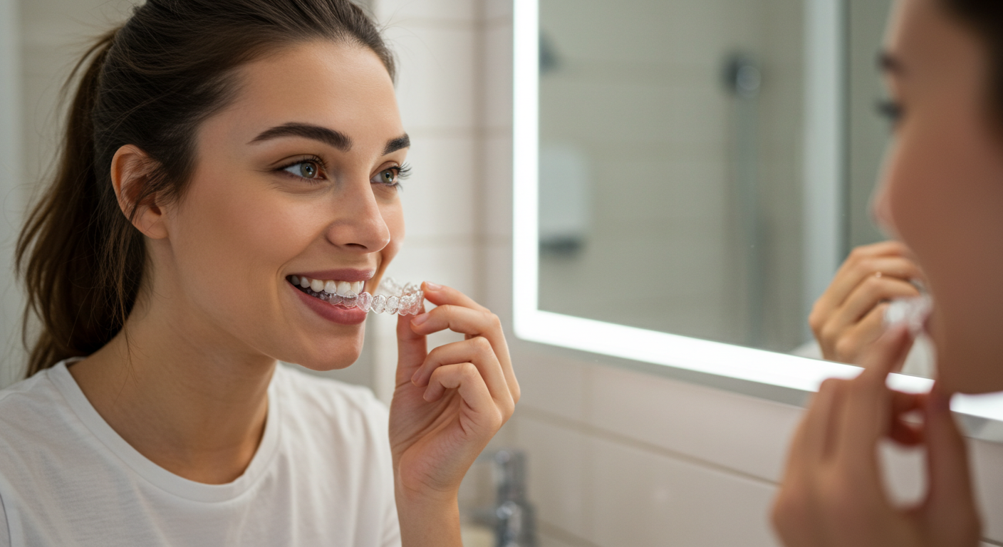A young woman is smiling in front of a mirror, holding a clear aligner to her teeth.