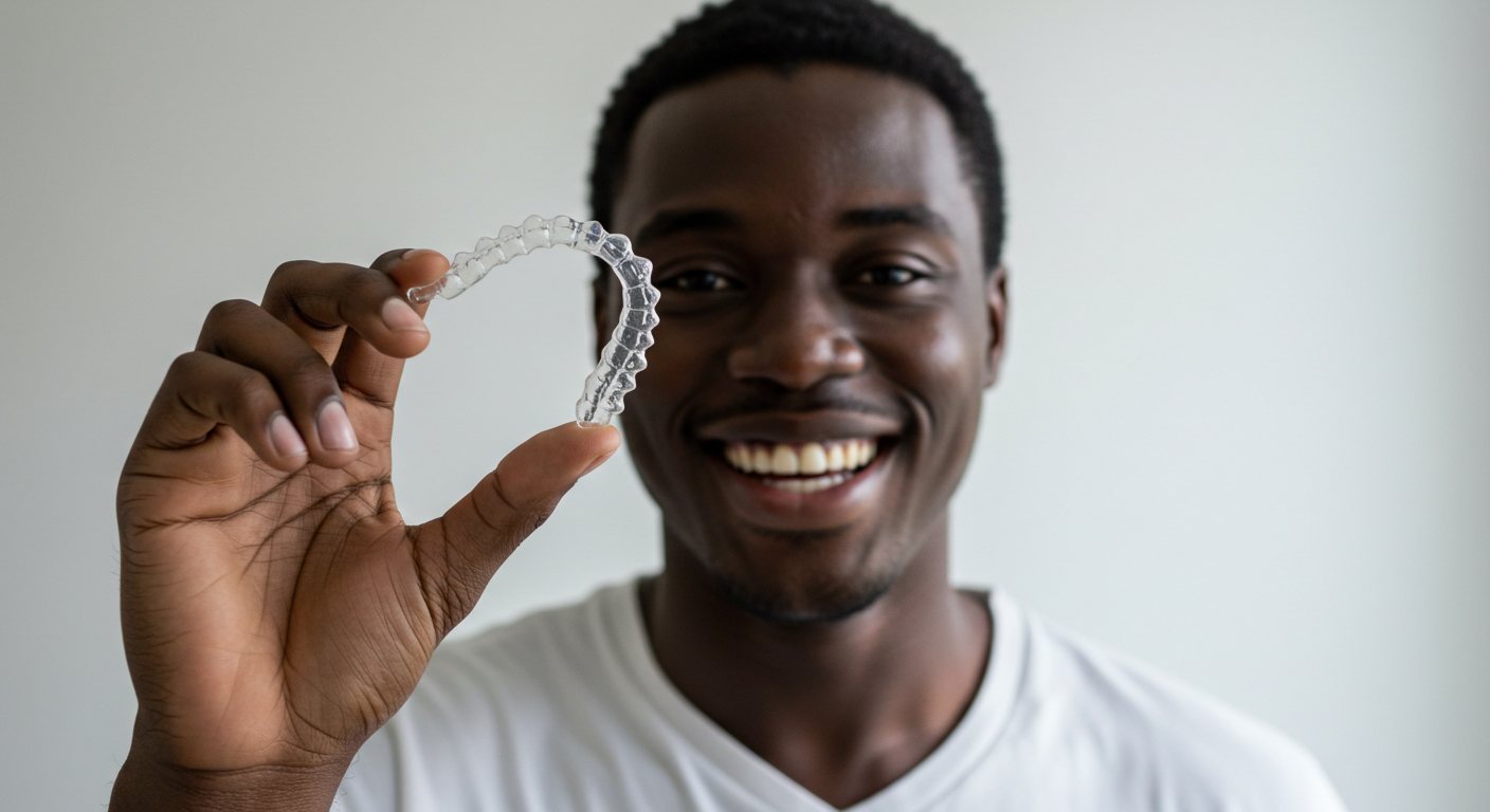A smiling Black man holding a clear dental aligner in front of a plain white wall.
