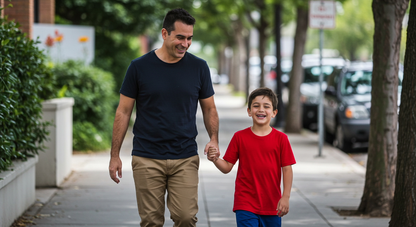 A man and a boy walking hand-in-hand down a sidewalk, smiling and enjoying each other's company on a sunny day.