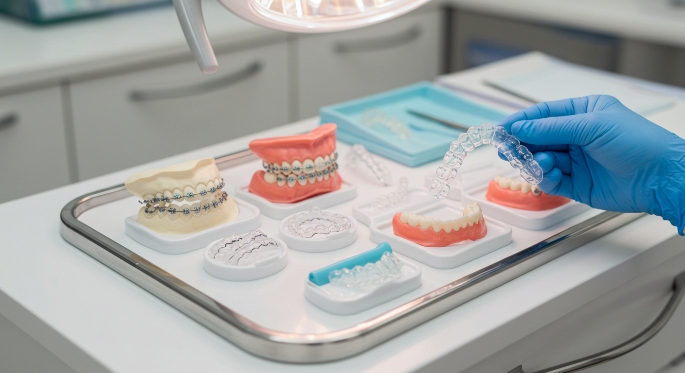 A dental professional wearing blue gloves handling a clear dental aligner over a tray of different dental models and aligners on a white surface.