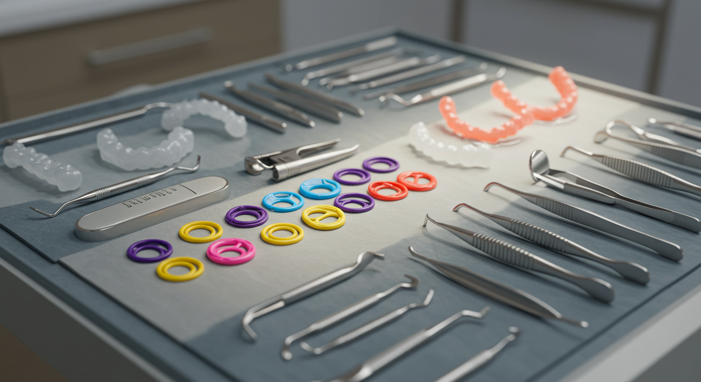 Dental tools and teeth molds arranged on a medical tray in a dental clinic.
