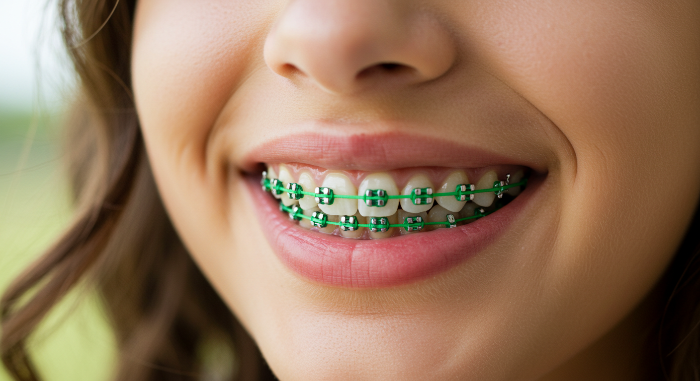Close-up of a smiling person with braces on their teeth.