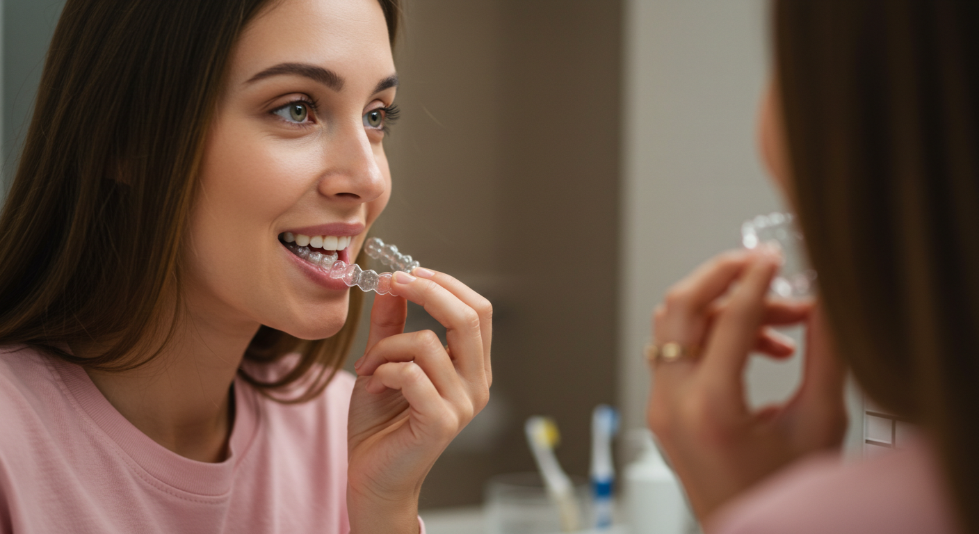 A young woman looks in the mirror and holds a clear dental aligner near her mouth, smiling.